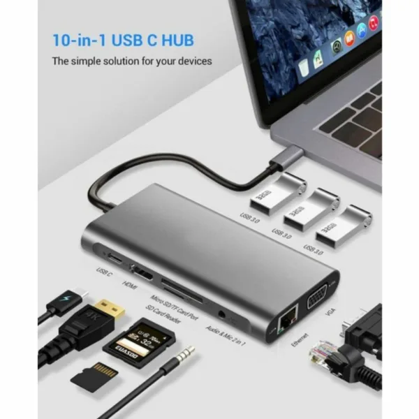 HUB USB C 10 en 1 avec HDMI 4K, VGA et PD 100W pers1 (2)